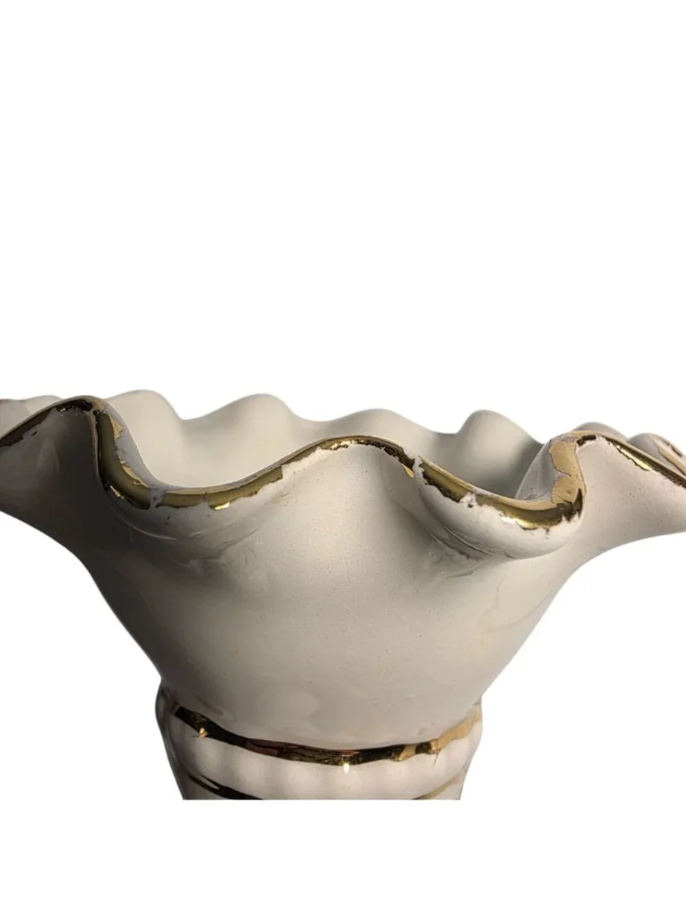 Vtg Vase Ceramic Hand Fluted Signed 1958 ruffle cream gold tone fingers torch
